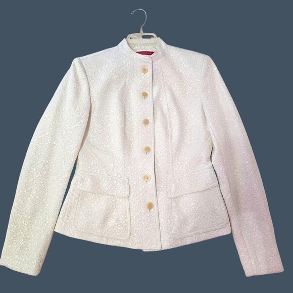 Anne Klein Off White Textured Jacket Mandarin Collar & Pockets Women Size 4 - Picture 2 of 9